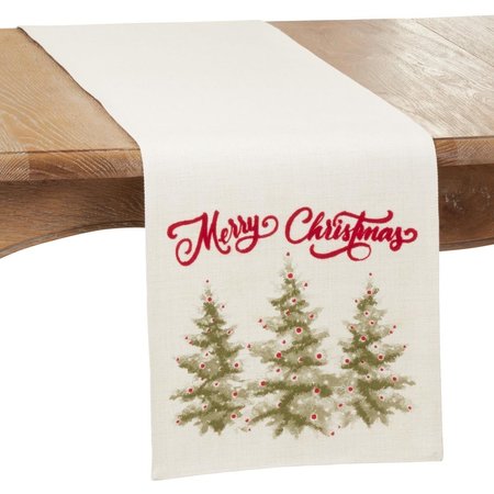 SARO LIFESTYLE SARO  13 x 72 in. Oblong Natural Merry Christmas Trees Table Runner 9750.N1372B